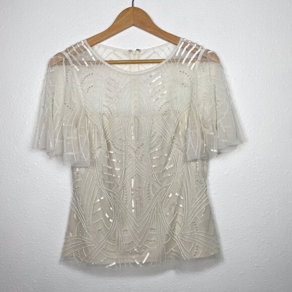 Adrianna Papell Ivory Pearl Beaded Flutter Sleeve Top Sz. 4 - Picture 6 of 13